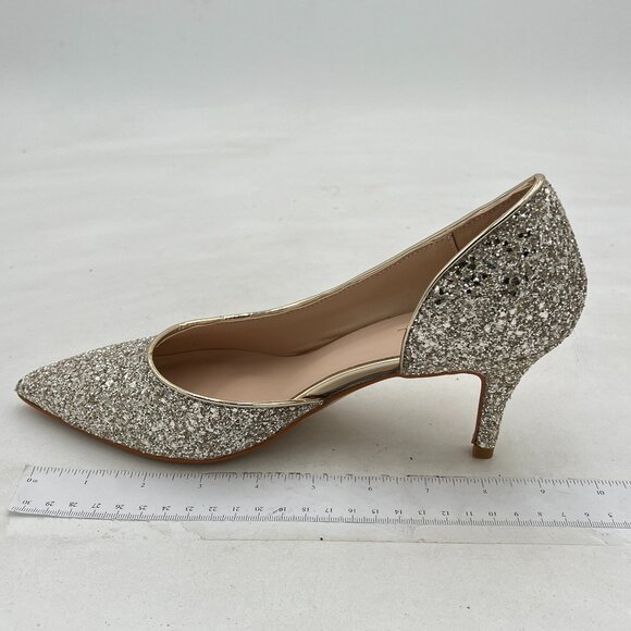 XYD Gold Glitter D'Orsay Mid Heels Comfortable Slip-on Pointed Toe Sexy Pumps - Picture 2 of 8